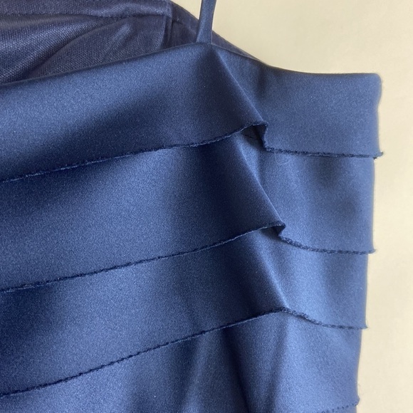 JS Collections Tiered Bandage Satin Fit Flare Spaghetti Strap Midi Dress - Picture 14 of 16